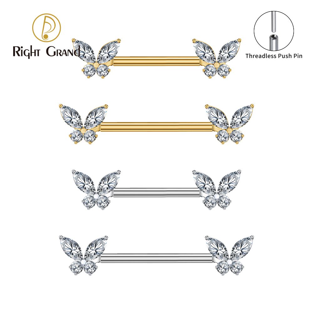 Right Grand ASTM F136 Titanium 14G Butterfly Sparkle CZ Nipple Ring Threadless Push Pin Straight Barbell Piercing Jewelry