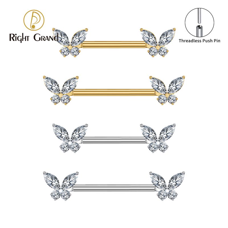 Right Grand ASTM F136 Titanium 14G Butterfly Sparkle CZ Nipple Ring Threadless Push Pin Straight Barbell Piercing Jewelry