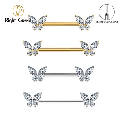 Right Grand ASTM F136 Titanium 14G Butterfly Sparkle CZ Nipple Ring Threadless Push Pin Straight Barbell Piercing Jewelry Right Grand ASTM F136 Titanium 14G Butterfly Sparkle CZ Nipple Ring Threadless Push Pin Straight Barbell Piercing Jewelry