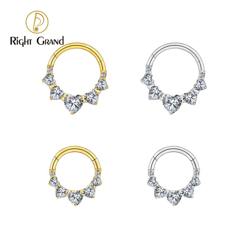 Right Grand ASTM F136 Titanium 16G CZ Hinged Clicker Segment Hoop Ring Heart CZ Daith Earring Septem Nose Piercing