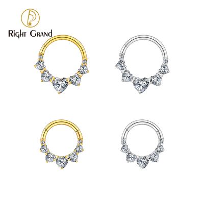 Right Grand ASTM F136 Titanium 16G CZ Hinged Clicker Segment Hoop Ring Heart CZ Daith Earring Septem Nose Piercing