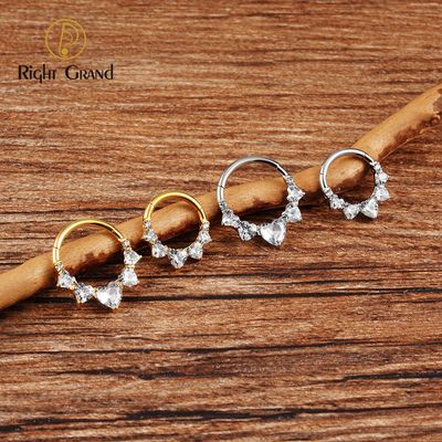 Right Grand ASTM F136 Titanium 16G CZ Hinged Clicker Segment Hoop Ring Heart CZ Daith Earring Septem Nose Piercing