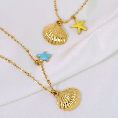 Right Grand Boho Summer Beach Jewelry 14K Gold Plated Custom Enamel Colorful Star Fish Pendant Hawaiian Shell Necklace