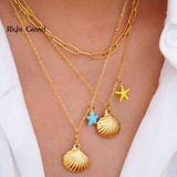 Right Grand Boho Summer Beach Jewelry 14K Gold Plated Custom Enamel Colorful Star Fish Pendant Hawaiian Shell Necklace