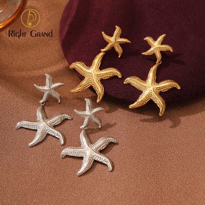 Right Grand Hypoallergenic Waterproof Summer Beach Fashion Women Jewelry 18k Gold Plated Stainless Steel Starfish Earrings