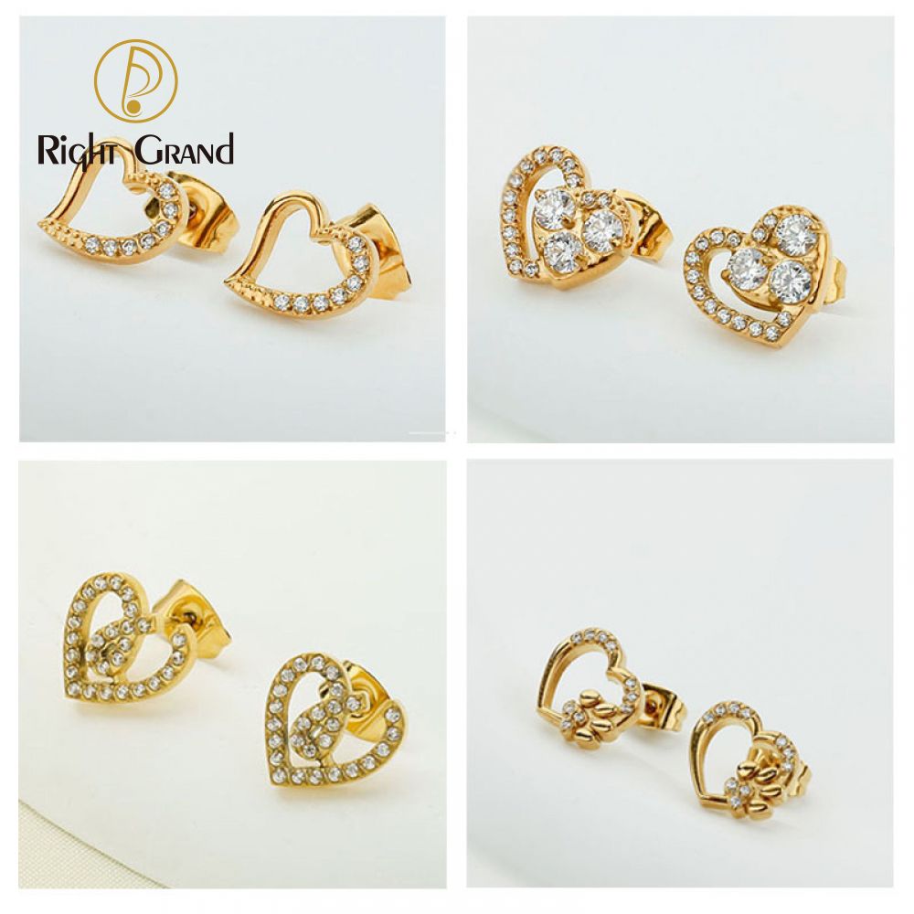 Right Grand New Arrivals Trendy Women Jewelry Stainless Steel Gold Plated Diamond Zircon Heart Stud Earrings