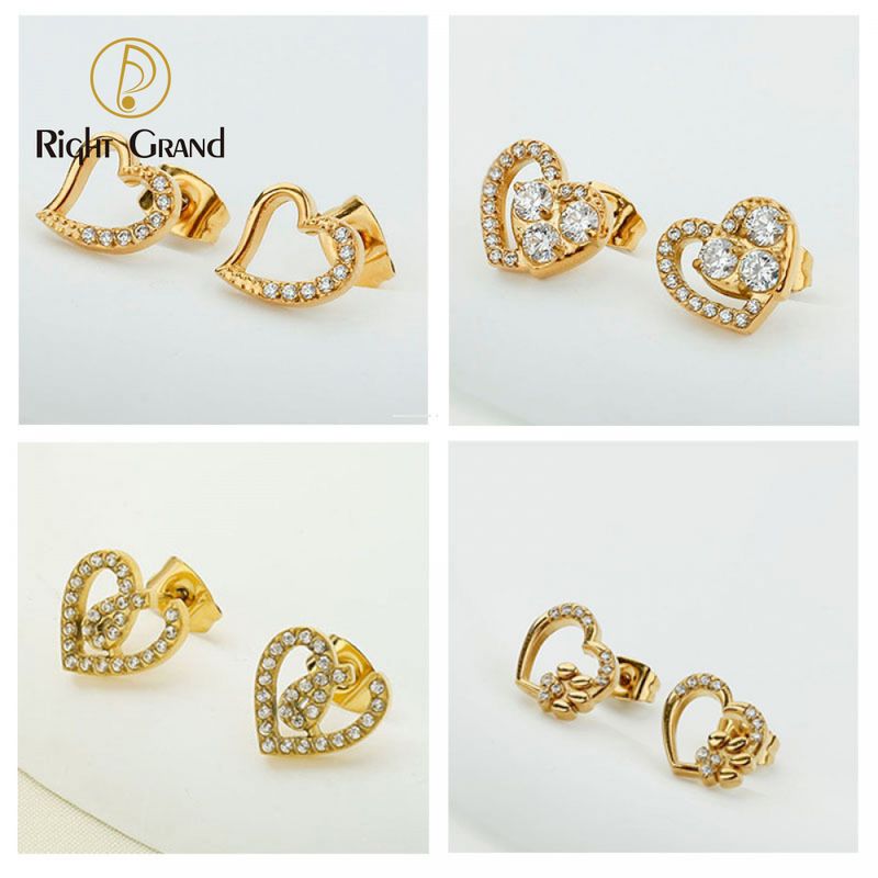 Right Grand New Arrivals Trendy Women Jewelry Stainless Steel Gold Plated Diamond Zircon Heart Stud Earrings