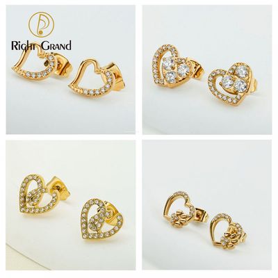 Right Grand New Arrivals Trendy Women Jewelry Stainless Steel Gold Plated Diamond Zircon Heart Stud Earrings