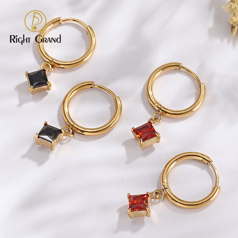 Right Grand New Design Fashion Trendy Delicate Jewelry Women Gold Plated Stainless Steel Dangle Drop Zircon Hoop Earrings