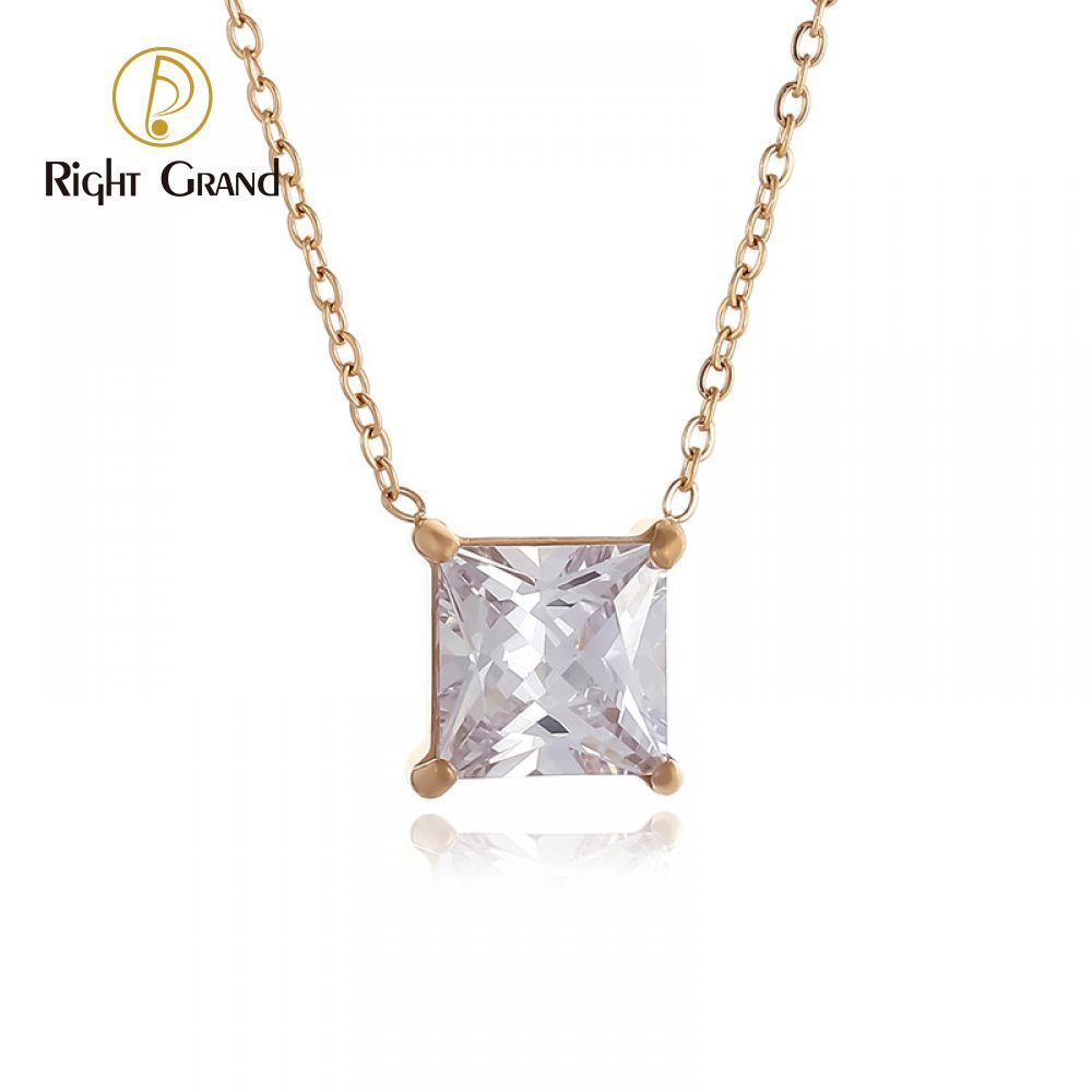 Right Grand Wholesale Dainty Simple Fashion Accessories Jewelry Stainless Steel Square Diamond Zircon Pendant Necklace