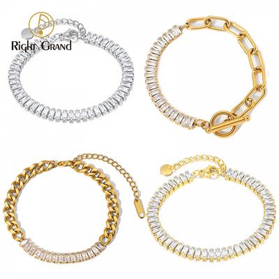 Right Grand Fashion Luxury Non Tarnish Stainless Steel Ot Buckle Jewelry Gold Plated Diamond Tennis Zircon Bracelet