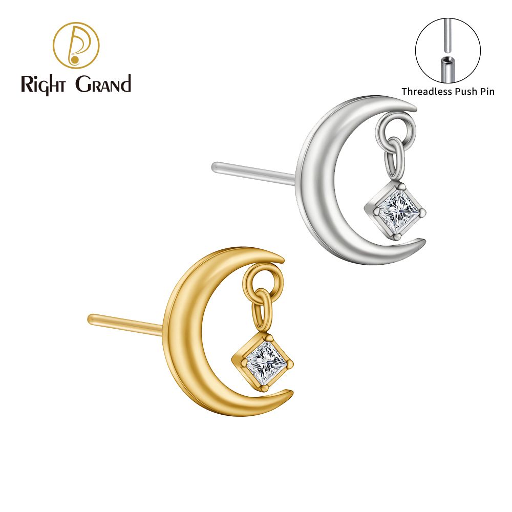 Right Grand ASTM F136 Titanium 16G Threadless Push Pin CZ Moon Cartilage Earring Tiny Crescent Moon CZ Dangle Helix Tragus Conch Stud Ear Piercing Top