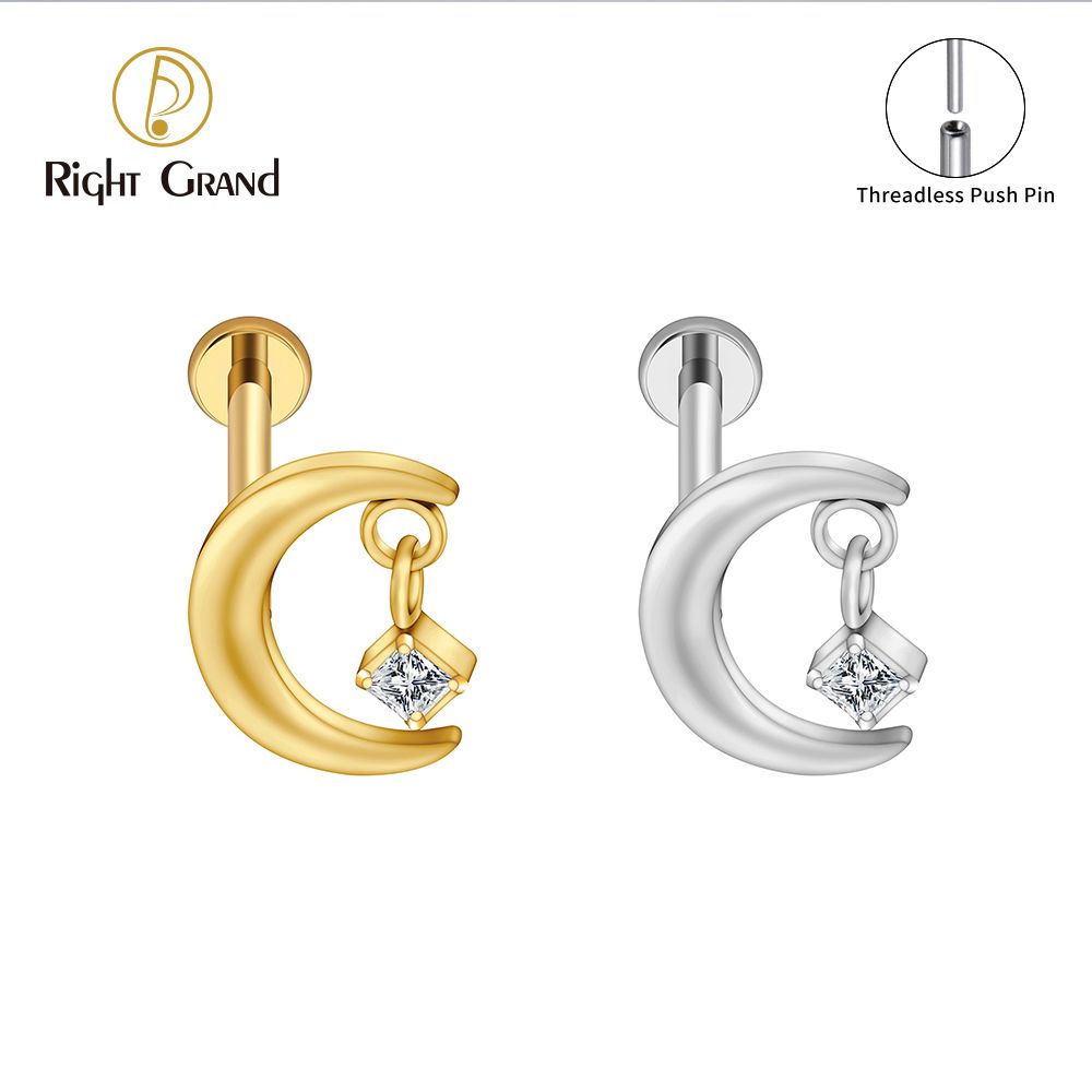Right Grand ASTM F136 Titanium 16G Threadless Push Pin CZ Moon Cartilage Earring Tiny Crescent Moon CZ Dangle Helix Tragus Conch Stud Ear Piercing