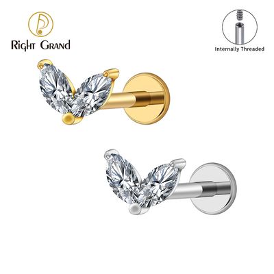 Right Grand ASTM F136 Titanium Internal Thread Tiny Double Marquise CZ Labret Stud Earring 16G Heart CZ Cartilage Helix Tragus Conch Piercing