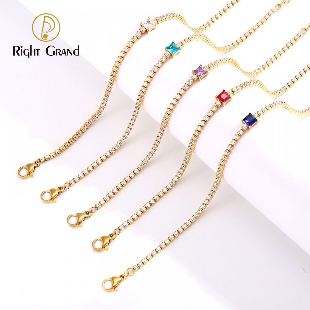 Right Grand Wholesale Women Fashion Non Tarnish 316L Stainless Steel Jewelry 18K Gold Plated Square Zircon Tennis Bracelet