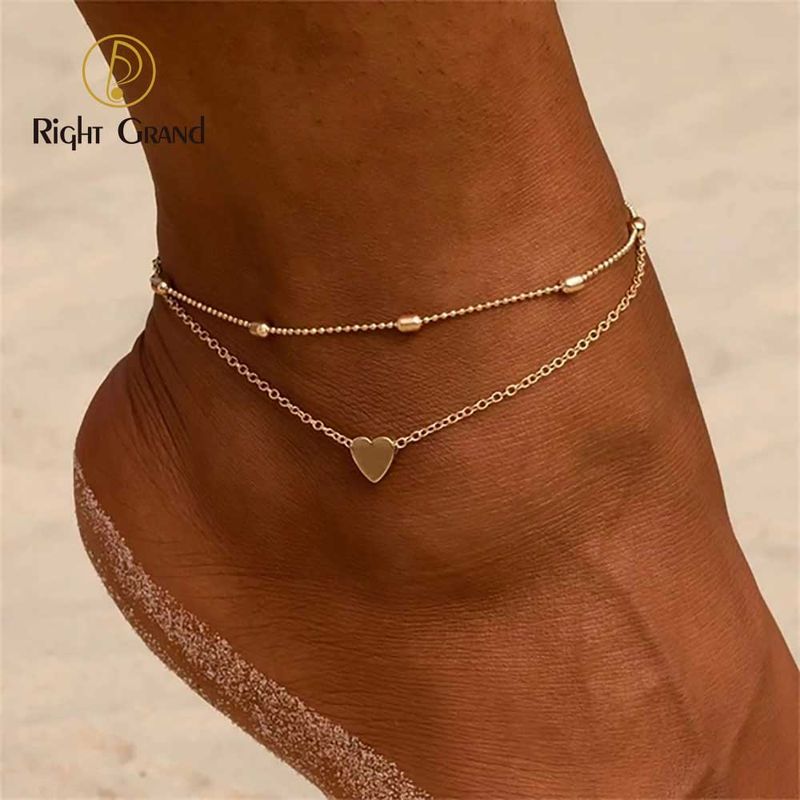 Right Grand Dainty Simple Fashion Waterproof Jewelry Heart Charm 18K Gold Plated Stainless Steel Anklets