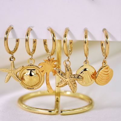Right Grand Trendy Fashion Summer Beach Woman Jewelry Stainless Steel Gold Plated Mermaid Coconut Turtle Starfish Sea Shell Earrings