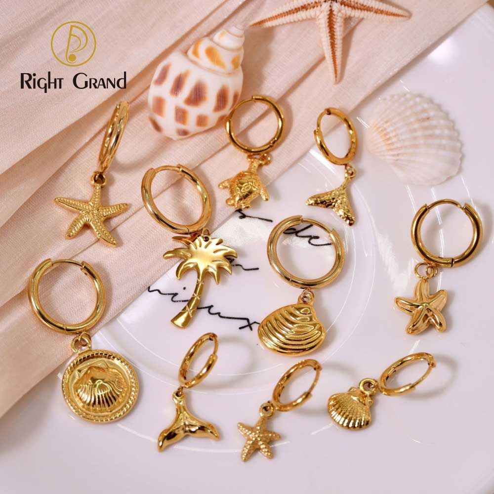 Right Grand Trendy Fashion Summer Beach Woman Jewelry Stainless Steel Gold Plated Mermaid Coconut Turtle Starfish Sea Shell Earrings