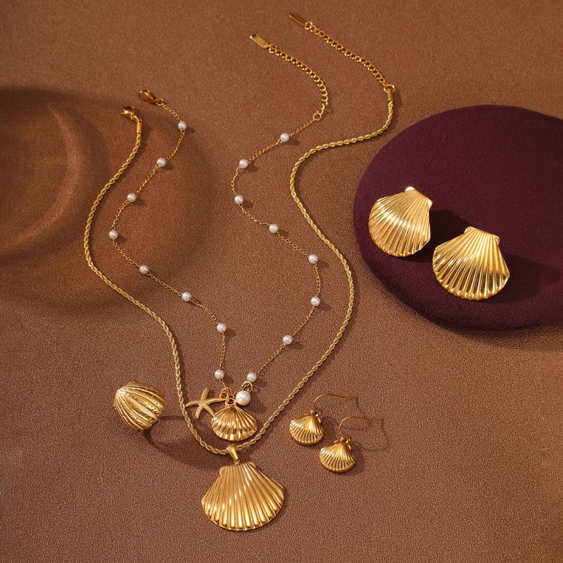 Right Grand New Arrival Ocean Summer Beach Fashion Stainless Steel Starfish Seashell Pearl Gold Plated Jewelry Set