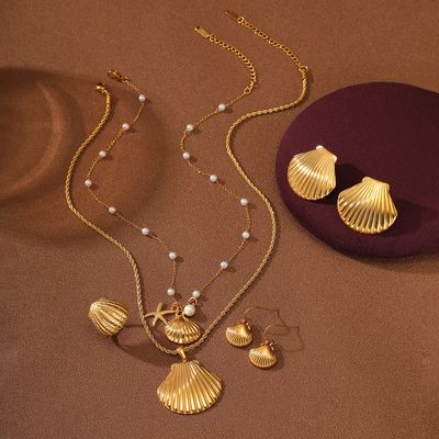 Right Grand New Arrival Ocean Summer Beach Fashion Stainless Steel Starfish Seashell Pearl Gold Plated Jewelry Set