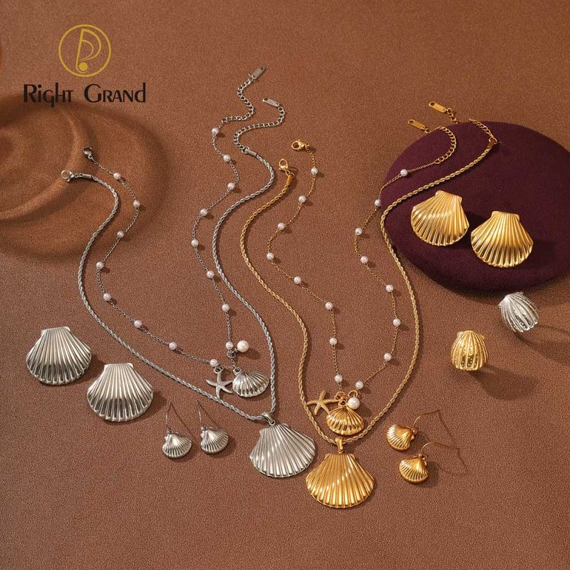 Right Grand New Arrival Ocean Summer Beach Fashion Stainless Steel Starfish Seashell Pearl Gold Plated Jewelry Set