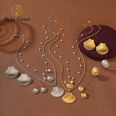 Right Grand New Arrival Ocean Summer Beach Fashion Stainless Steel Starfish Seashell Pearl Gold Plated Jewelry Set