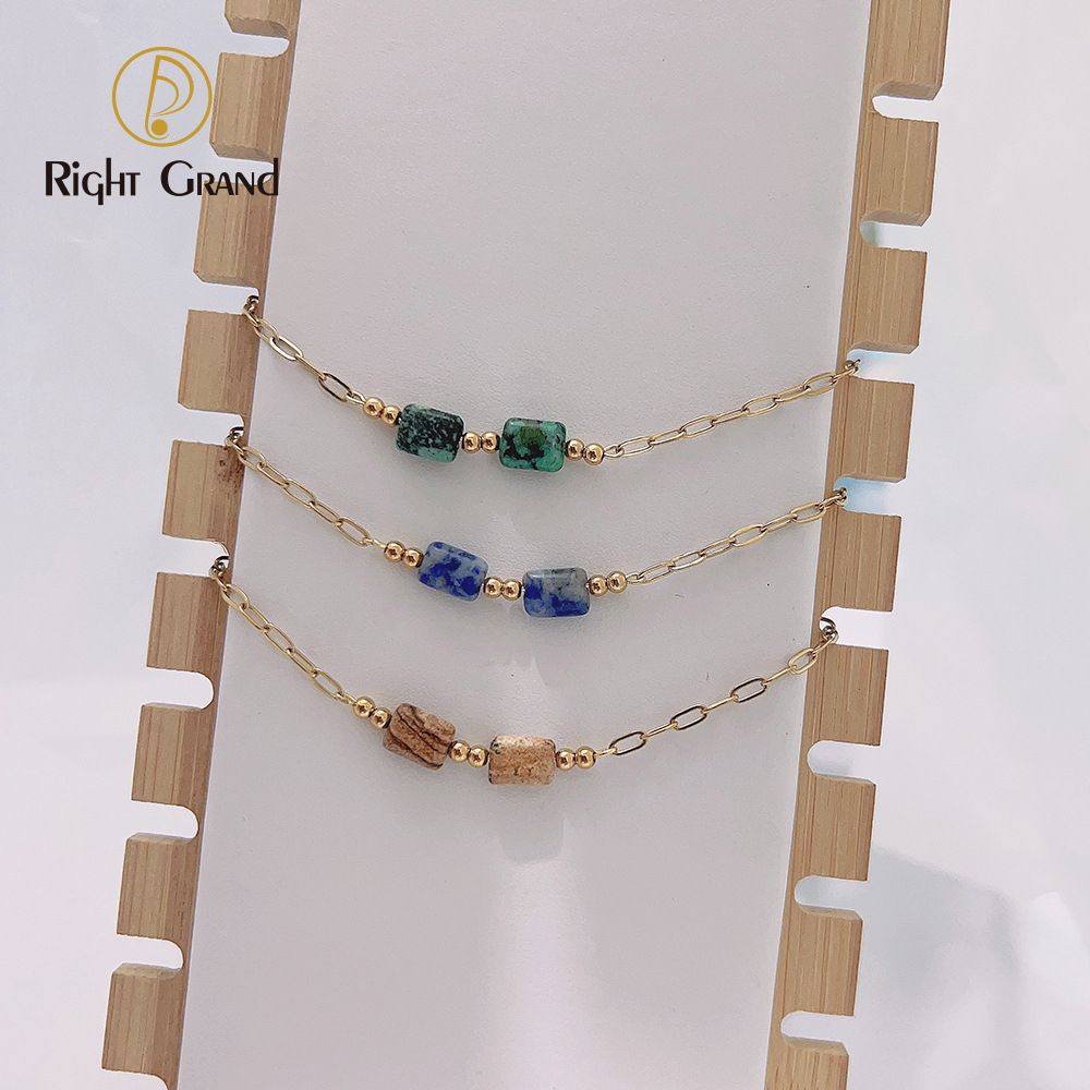 Right Grand Bohemian Vintage Handmade Fashion Jewelry Women Stainless Steel Gold Plated Turquoise Natural Stone Bracelet