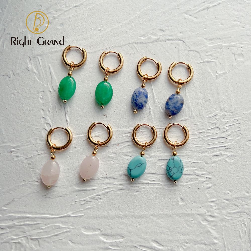 Right Grand New Statement Vintage Fashion Jewelry Women Gold Plated Stainless Steel Single Oval Turquoise Colored Natural Gem Stone Earrings