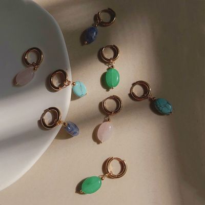 Right Grand New Statement Vintage Fashion Jewelry Women Gold Plated Stainless Steel Single Oval Turquoise Colored Natural Gem Stone Earrings
