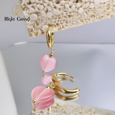 Right Grand Anti Tarnish Vintage Jewelry Women Gold Plated Stainless Steel Colorful Cat&#39;S Eye Opal Stone Heart Dangle Drop Hoop Earrings