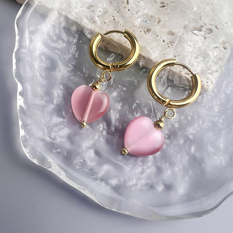 Right Grand Anti Tarnish Vintage Jewelry Women Gold Plated Stainless Steel Colorful Cat'S Eye Opal Stone Heart Dangle Drop Hoop Earrings