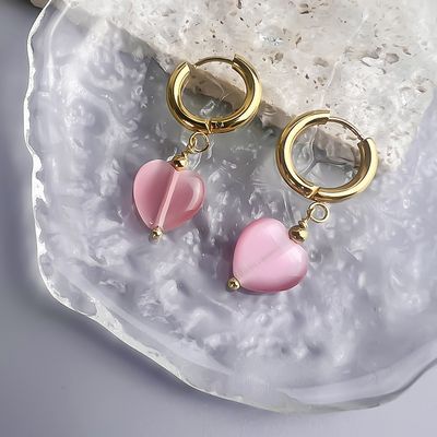 Right Grand Anti Tarnish Vintage Jewelry Women Gold Plated Stainless Steel Colorful Cat'S Eye Opal Stone Heart Dangle Drop Hoop Earrings