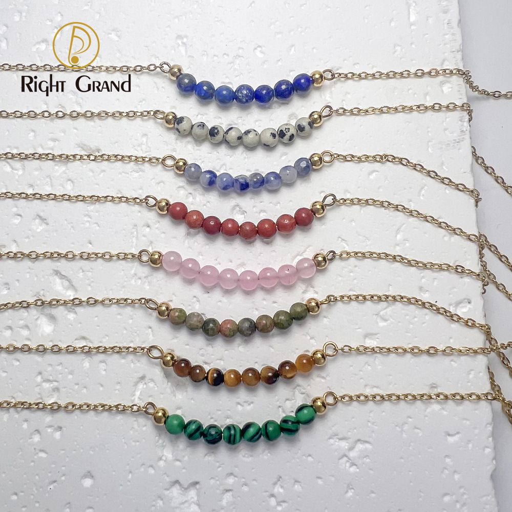 Right Grand New Boho Female Fashion Women Stainless Steel Gold Plated Colorful Pink Crystal Tiger Eye Natural Stone Beads Necklace