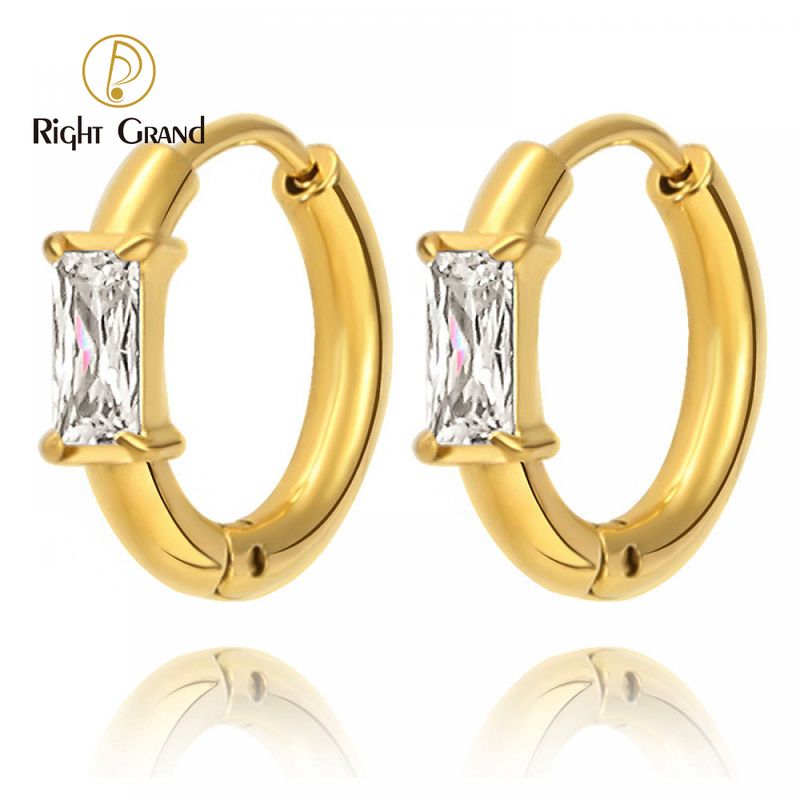 Right Grand Wholesale Tarnish Free Fashion Jewelry Women 18k Gold Plated Stainless Steel Square Zircon Huggie Hoop Earrings