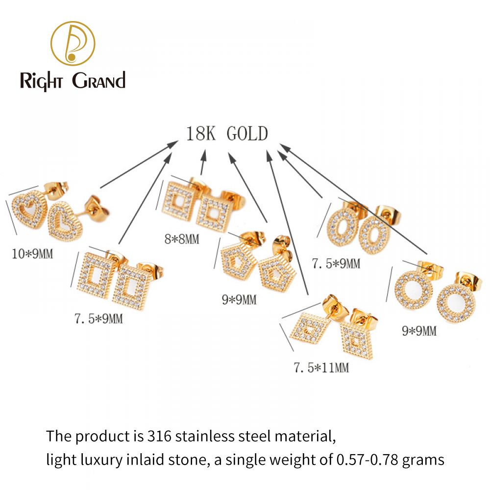 Right Grand New Dainty Women Jewelry Stainless Steel Gold Plated Square Circle Heart Geometric Zircon Stud Earrings