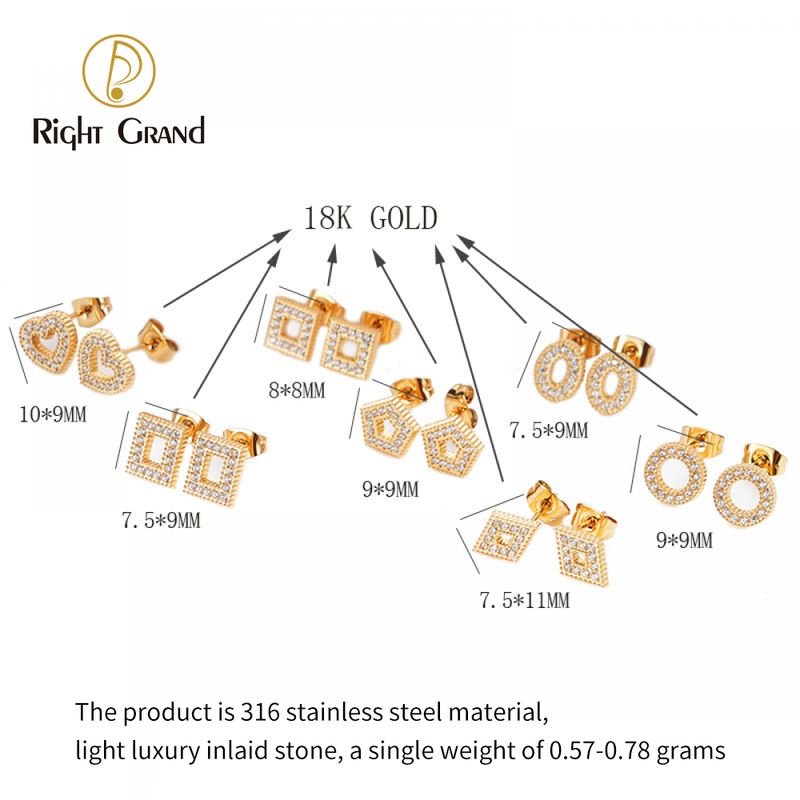 Right Grand New Dainty Women Jewelry Stainless Steel Gold Plated Square Circle Heart Geometric Zircon Stud Earrings