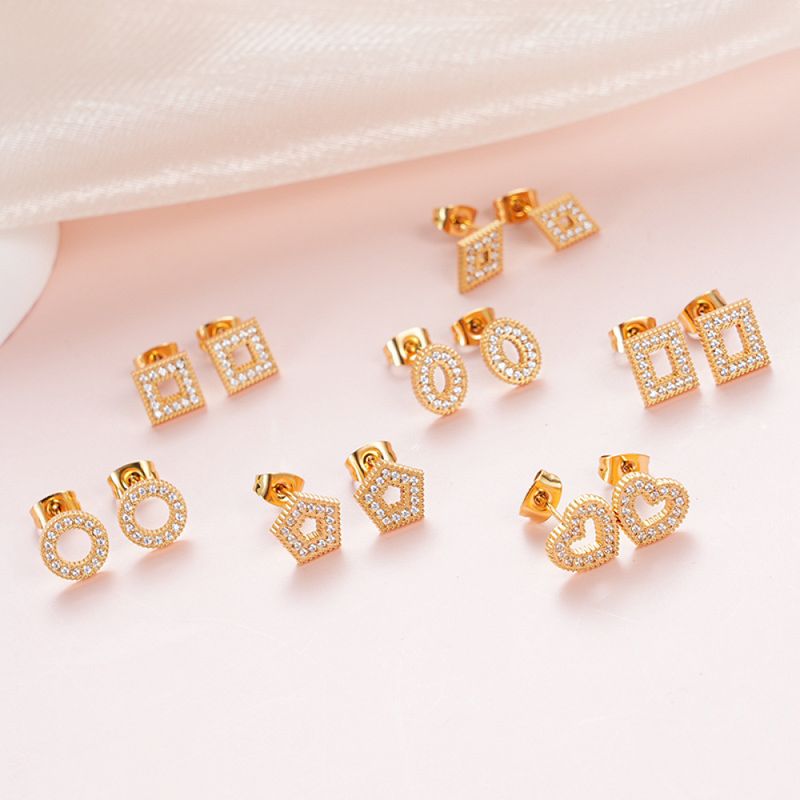 Right Grand New Dainty Women Jewelry Stainless Steel Gold Plated Square Circle Heart Geometric Zircon Stud Earrings