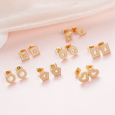 Right Grand New Dainty Women Jewelry Stainless Steel Gold Plated Square Circle Heart Geometric Zircon Stud Earrings