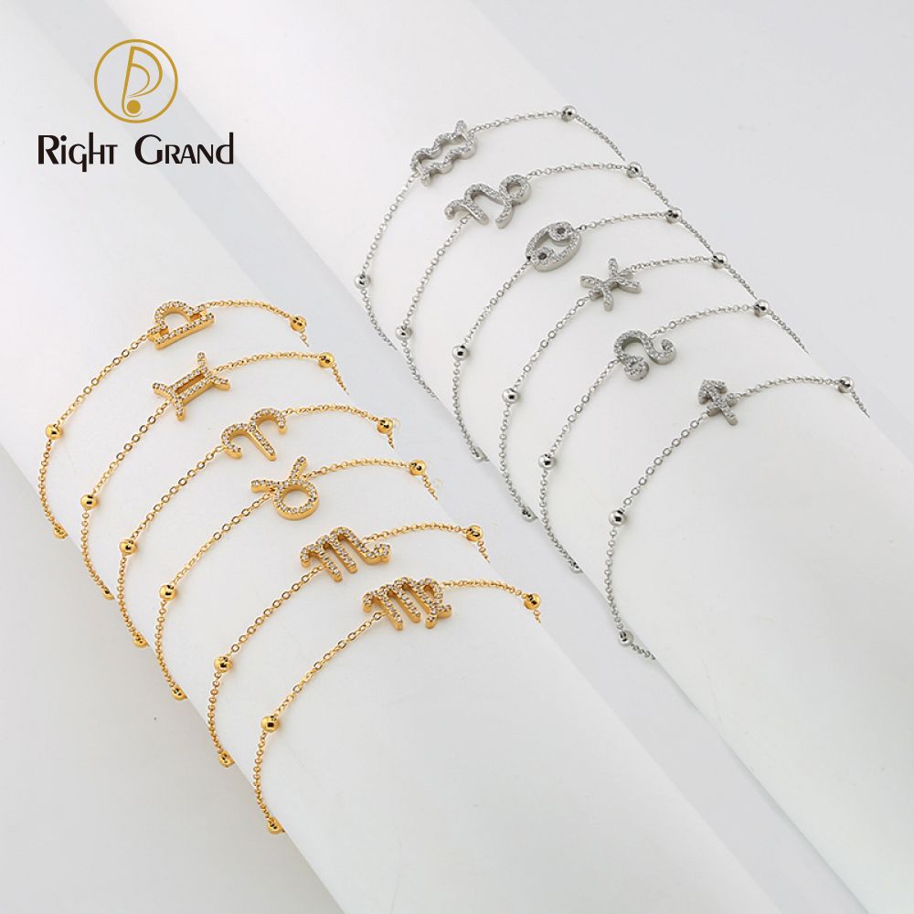 Right Grand Wholesale Tarnish Free Jewelry Women Fashion Stainless Steel Gold Plated Zircon 12 Horoscope Astrology Zodiac Bead Bracelet