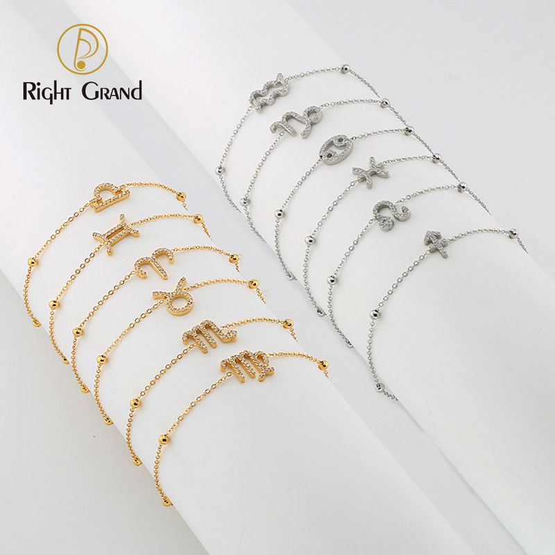Right Grand Wholesale Tarnish Free Jewelry Women Fashion Stainless Steel Gold Plated Zircon 12 Horoscope Astrology Zodiac Bead Bracelet