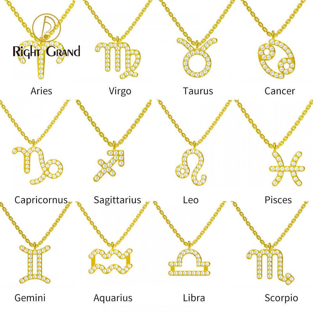 Right Grand Tarnish Free Fashion Birthday Gift Astrology Horoscope Jewelry Stainless Steel Gold Plated Cubic Zirconia Zodiac Necklace