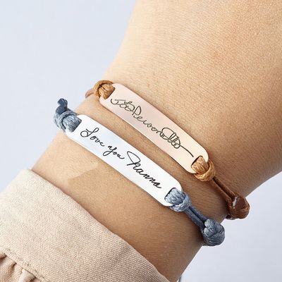 Right Grand Personalized Couple Name Jewelry Stainless Steel Blank Bar Laser Engraved Custom Leather Braided Bracelet