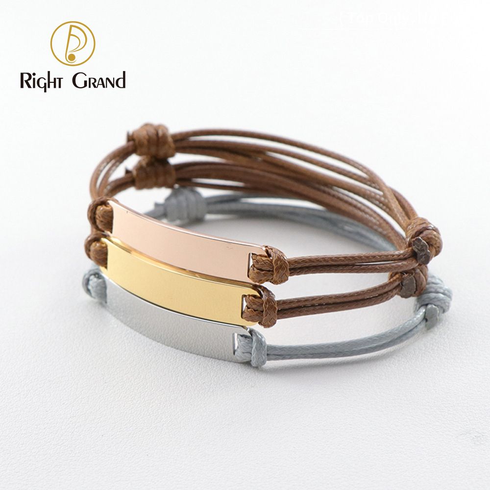 Right Grand Personalized Couple Name Jewelry Stainless Steel Blank Bar Laser Engraved Custom Leather Braided Bracelet