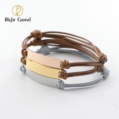 Right Grand Personalized Couple Name Jewelry Stainless Steel Blank Bar Laser Engraved Custom Leather Braided Bracelet