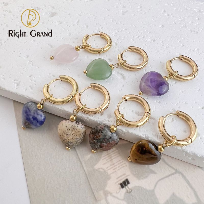 Right Grand Vintage Handmade Statement Manufacture Jewelry Women Gold Stainless Steel Boho Natural Stone Heart Dangle Drop Hoop Earrings