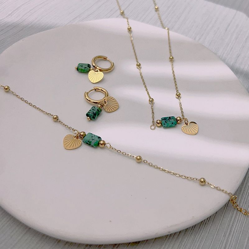 Right Grand Boho Vintage Fashion Women Stainless Steel 18K Gold Plated Heart Pendant Necklace Bracelet Turquoise Natural Stone Jewelry Sets