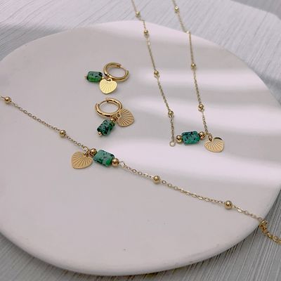 Right Grand Boho Vintage Fashion Women Stainless Steel 18K Gold Plated Heart Pendant Necklace Bracelet Turquoise Natural Stone Jewelry Sets