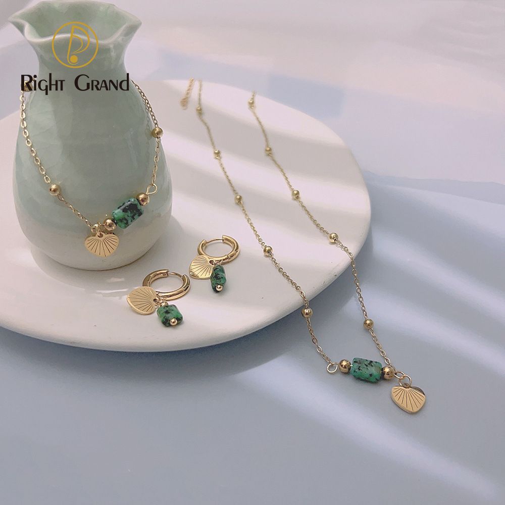 Right Grand Boho Vintage Fashion Women Stainless Steel 18K Gold Plated Heart Pendant Necklace Bracelet Turquoise Natural Stone Jewelry Sets