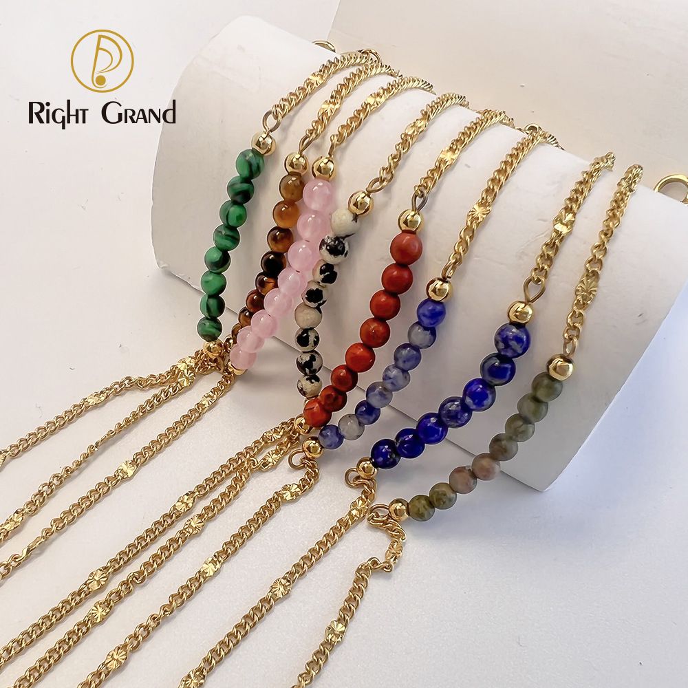 Right Grand Boho Handmade Fashion Summer Beach Jewelry Women Stainless Steel Gold Plated Beaded Tiger Eye Natural Stone Bracelet