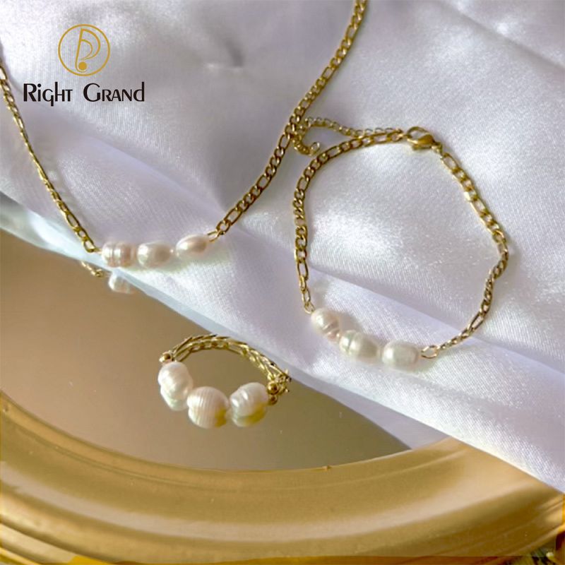 Right Grand Elegant Wedding Fashion Jewelry Stainless Steel Gold Plated Fresh Water Pearl Necklace Bracelet And Ring Set